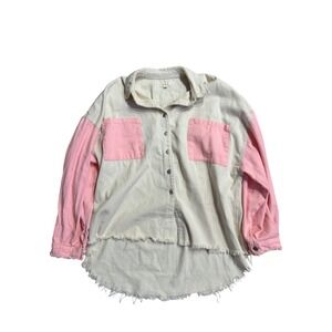 POL Womens Colorblock Denim Shacket Cream Pink Raw Hem Button Down Shirt Large